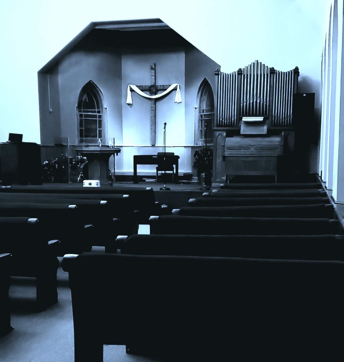 Sanctuary and pipe organ inside the historic church
